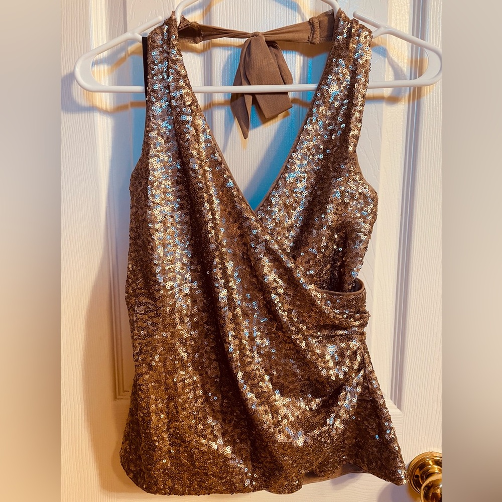 bebe pewter colored sequined halter tank